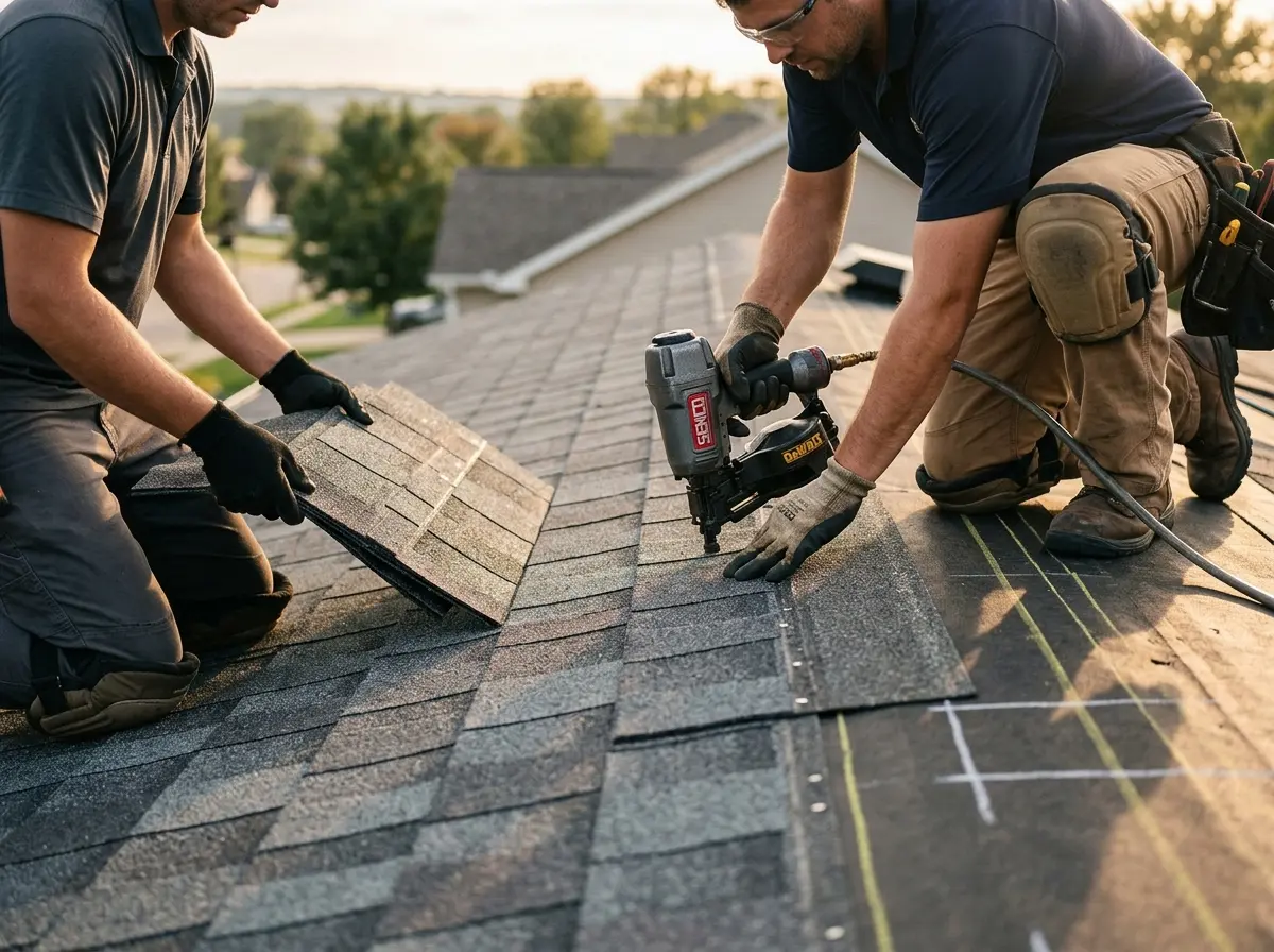 Professional roofer working on a residential roof in Edgerton